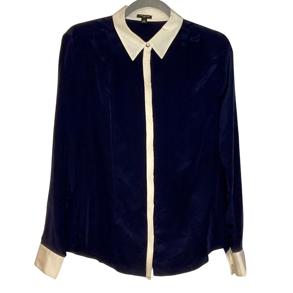 ANN TAYLOR womens 100% silk button down blouse navy blue cream accent cuffs sz 4